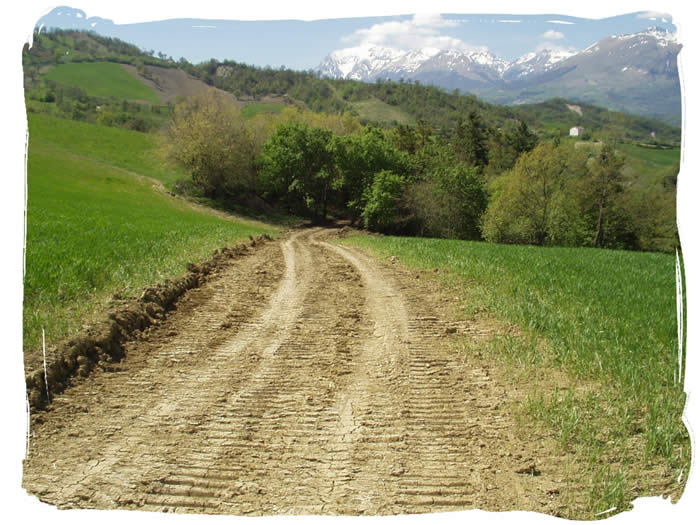 Road building at Casa Sibilla, with views of Monte Vettore, Sibilla and Priora in the background