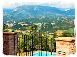 View over the pool towards the Sibillini Mountains